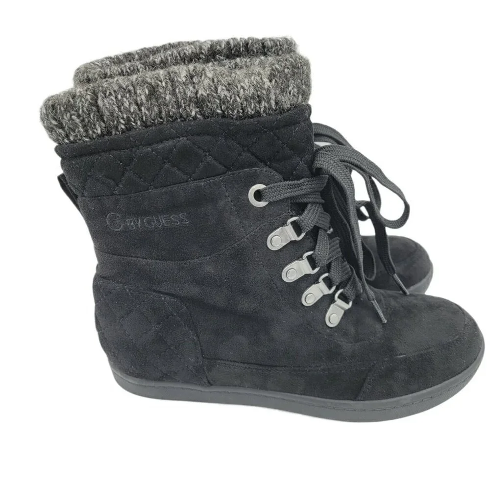 G BY GUESS Sz 6 Black Microsuede Ankle Boots Quilted Heel Lace Up Knitted NWOT